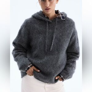 H&M] Gray Mohair blend Wool Fuzzy Relaxed fit Hooded Sweater